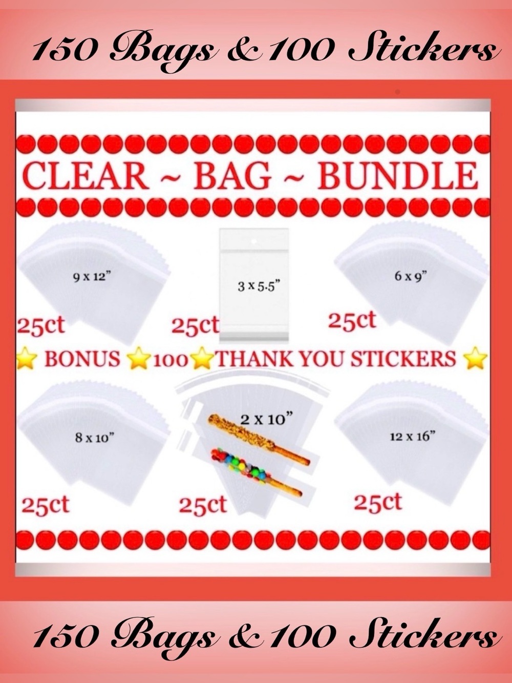 Shipping Bundle 250pcs includes Clear Bags 150ct Assorted~Plus 💯 Stickers -New~